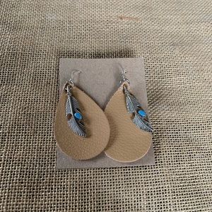 Tan drop leather look earrings w/blue  feather
